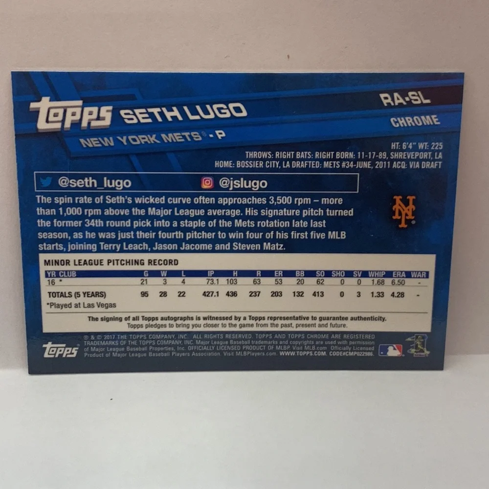 2017 Topps Chrome Seth Lugo Mets Autograph #RA-SL (005)